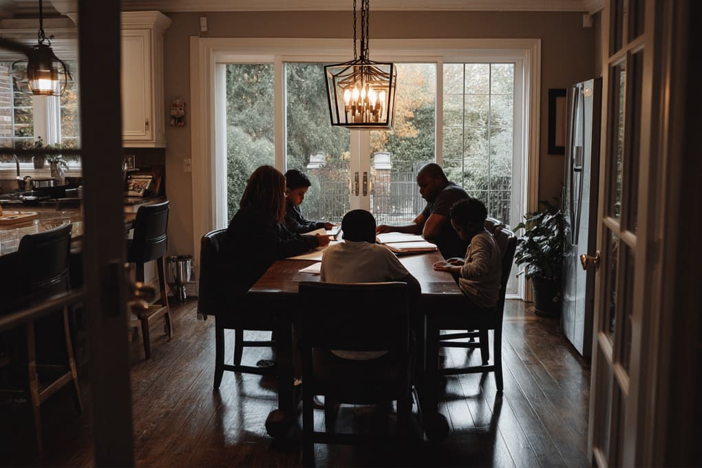 A family sits around a table and begins discussing their home emergency plan
