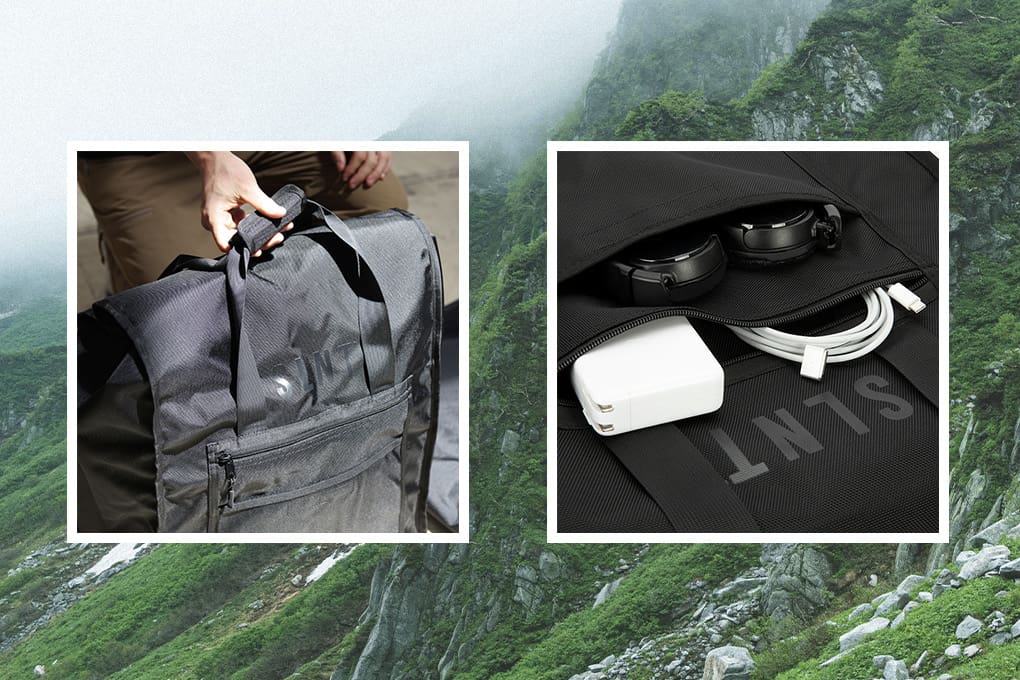 a SLNT EMP-proof bag showing top handle grip and organized interior with cables and gear