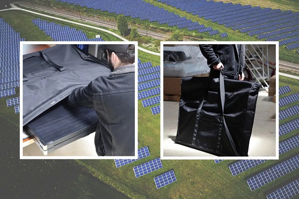 Man packing solar panel into carrying case and person holding black solar panel transport bag in warehouse