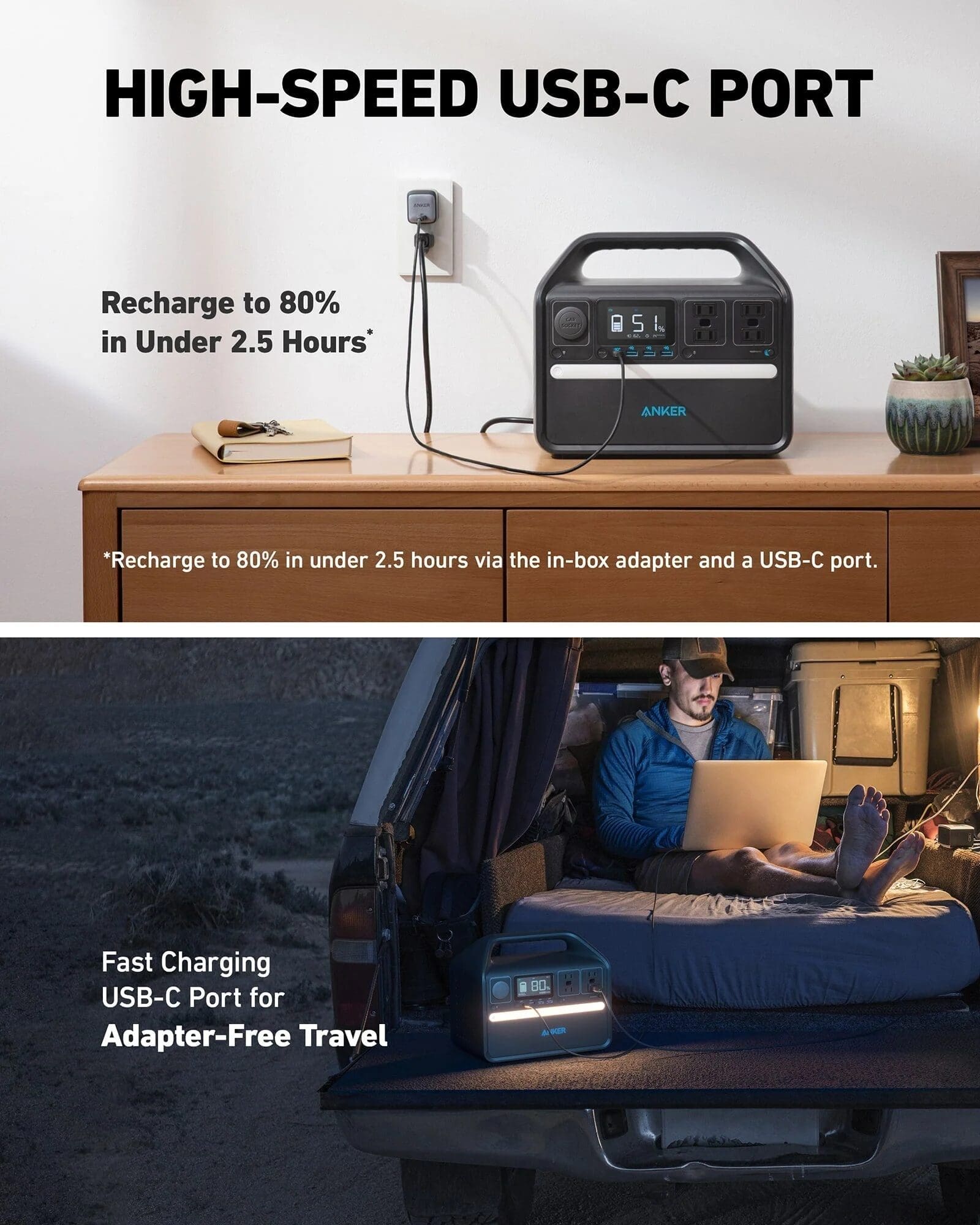 High-speed USB-C charging device on a desk, recharging to 80% in 2.5 hours & below, a person works on a laptop in a truck bed, using the device during outdoor travel