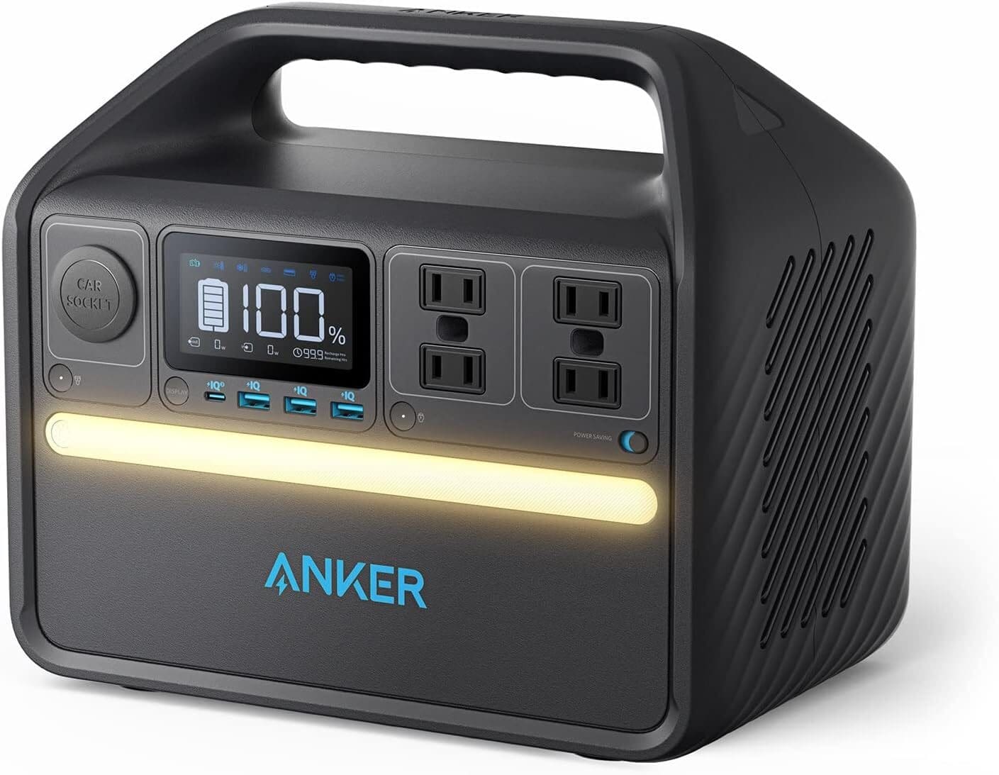 A Anker black portable power station with a digital display showing 100% charge, multiple outlets, USB ports, and a yellow light strip