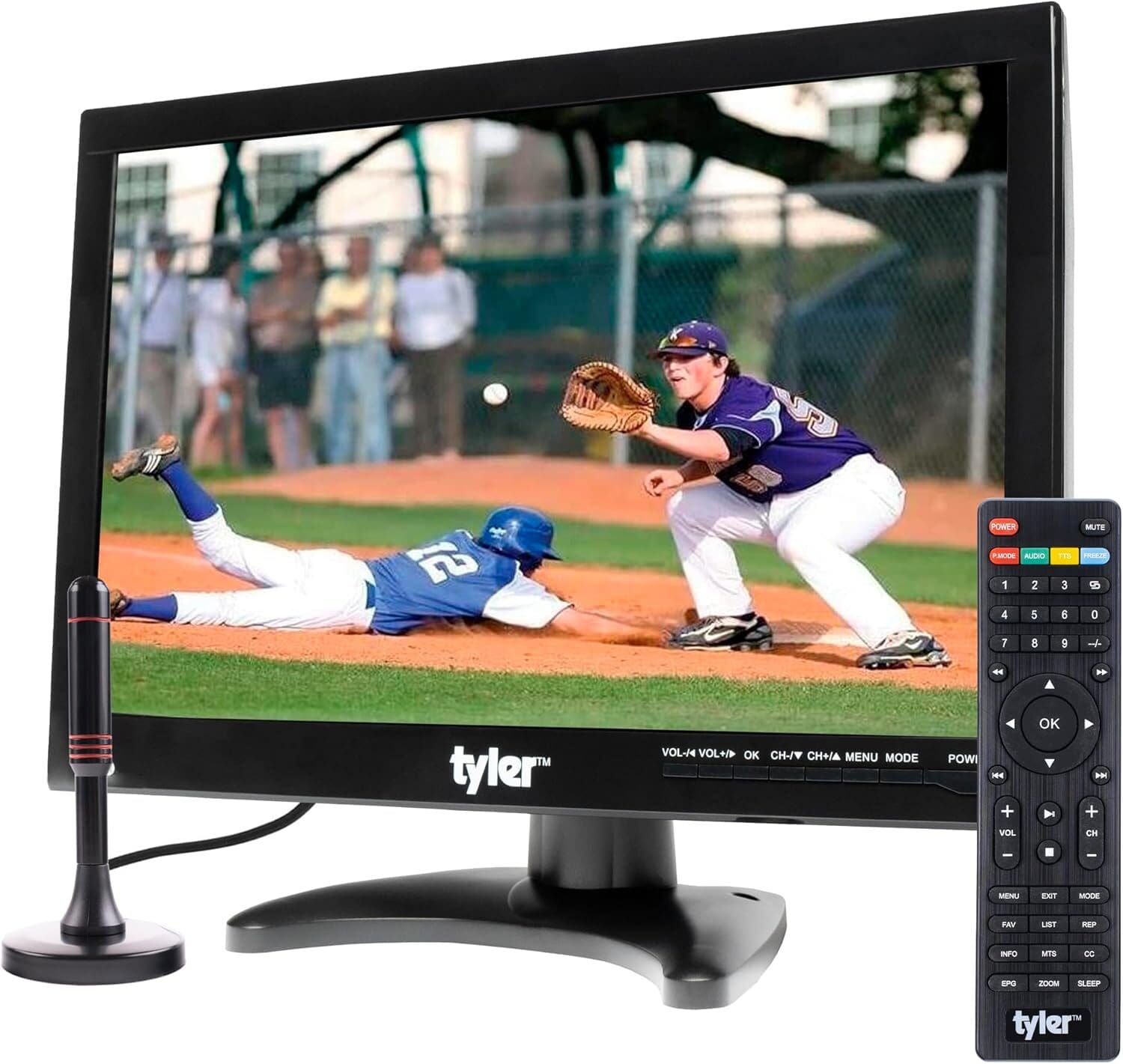 A battery operated Tyler TV with its remote control place against a white background, showing a baseball game on the screen