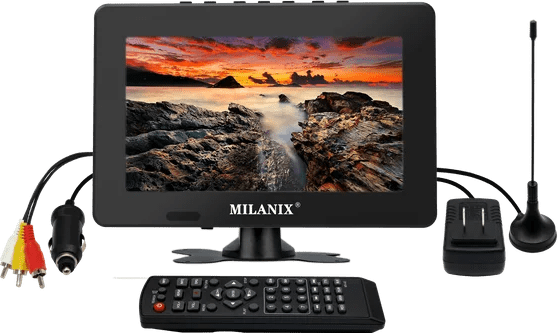 A Milanix portable TV with its cables, remote control, power adapter, and antenna is placed, displaying a vivid sunset over rocky terrain on the screen