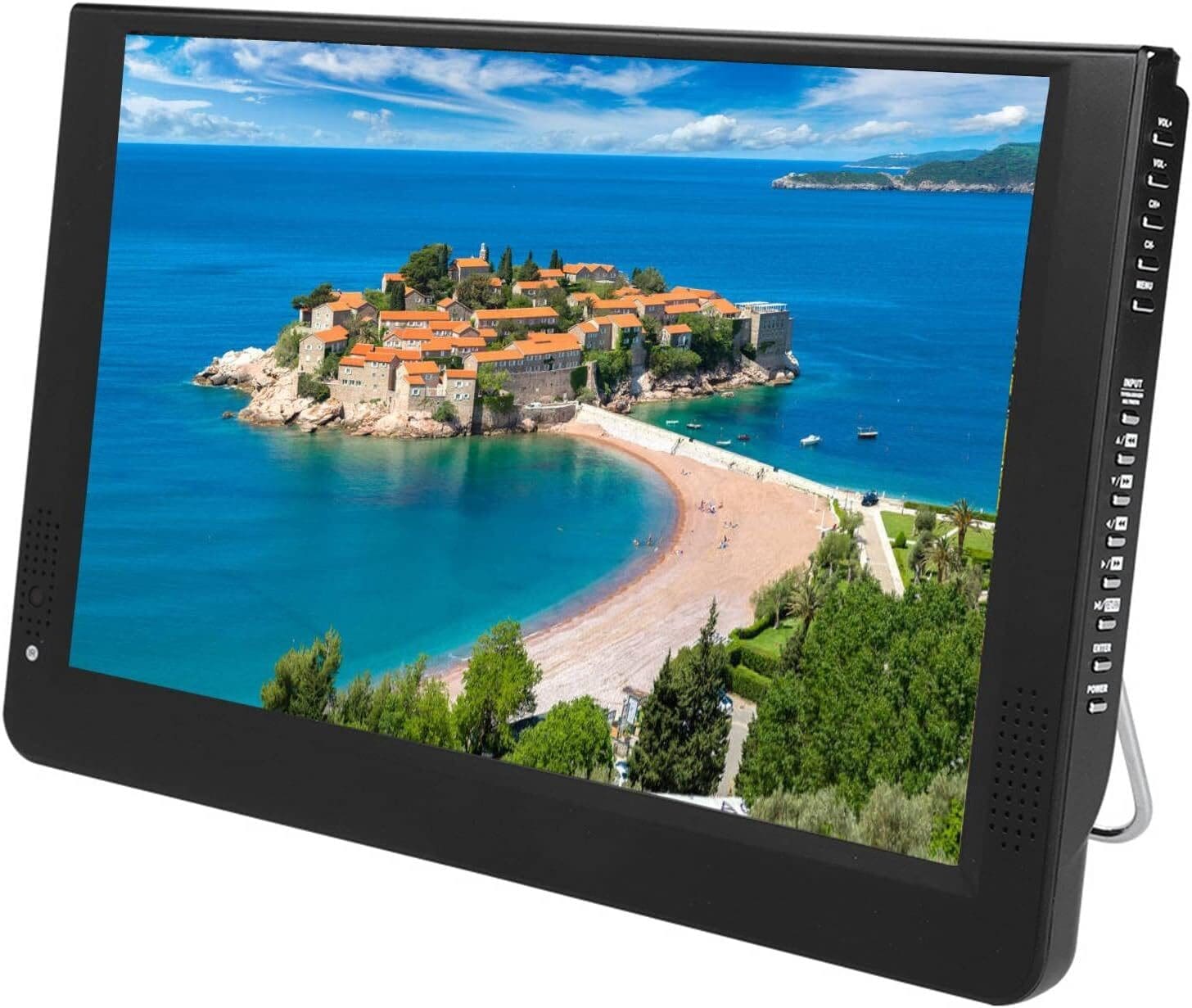 A battery operated Wendry 12-Inch ATSC Portable TV displays a vibrant coastal scene of an island, with terracotta-roofed buildings, lush greenery, and a serene blue sea