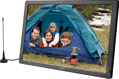 A Supersonic SC-2812 12-inch portable TV is kept in place, displaying a family group photo on the screen