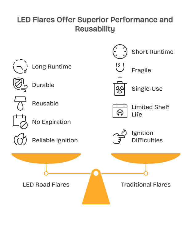 LED Road Flares vs. Traditional Flares - visual selection